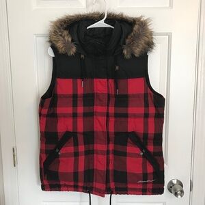 Eddie Bauer Down Fill Buffalo Check Plaid Faux Fur Collar Puffer Vest Size L